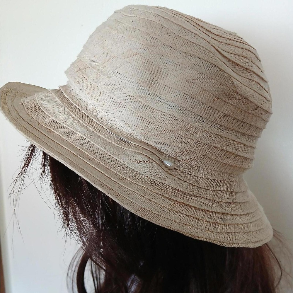 Vintage‎ 50s 60s Beige Tiered Mesh Cloche Bucket Hat Pearl Pin